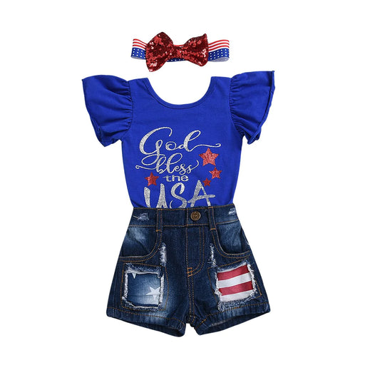 4Th of July Romper Newborn Baby Girl Outfits USA Flag Sunsuit Jeans Headband Set