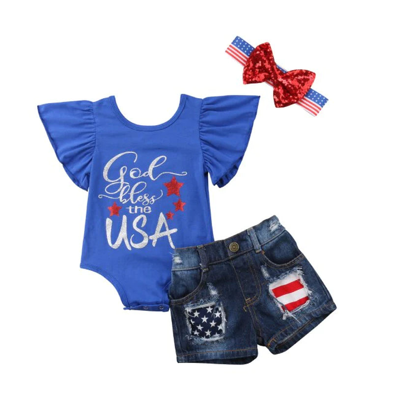 4Th of July Romper Newborn Baby Girl Outfits USA Flag Sunsuit Jeans Headband Set