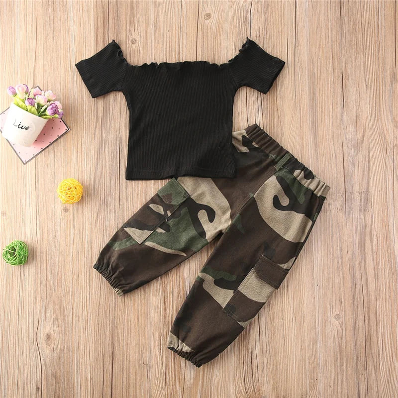 1 6Y Fashion Kids Baby Girl Clothing Girl Outfits Black Short Sleeve off Shoulder T Shirt Tops+Camouflage Pants Outfit 2Pcs|Clothing Sets|