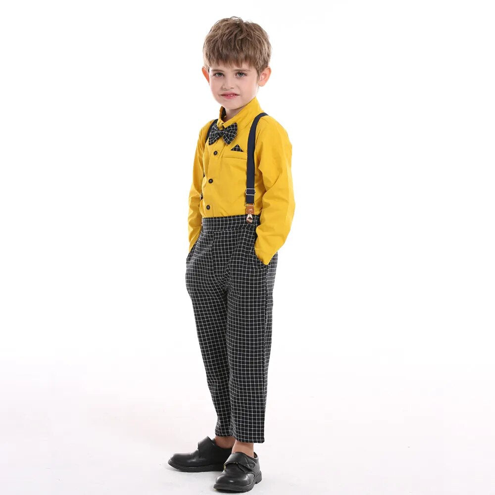 Top and Top Autumn Winter Baby Boy Gentleman Clothing Set Long Sleeve Bowtie Shirts+Overalls Formal Suits Infant Boy Clothes