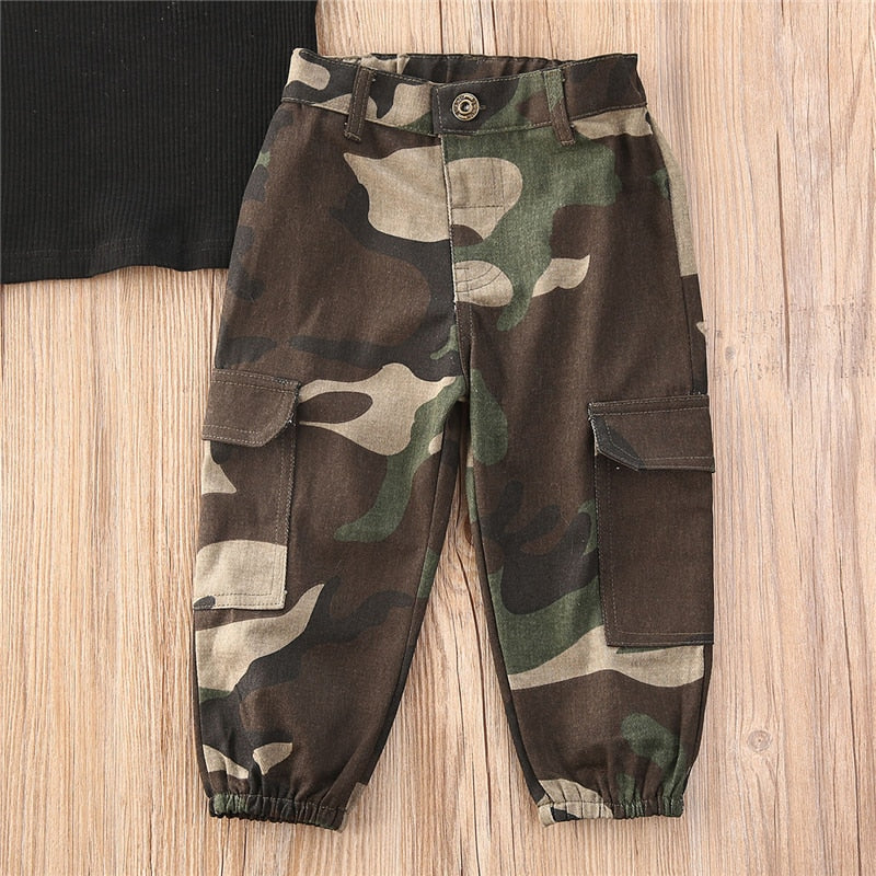 1 6Y Fashion Kids Baby Girl Clothing Girl Outfits Black Short Sleeve off Shoulder T Shirt Tops+Camouflage Pants Outfit 2Pcs|Clothing Sets|