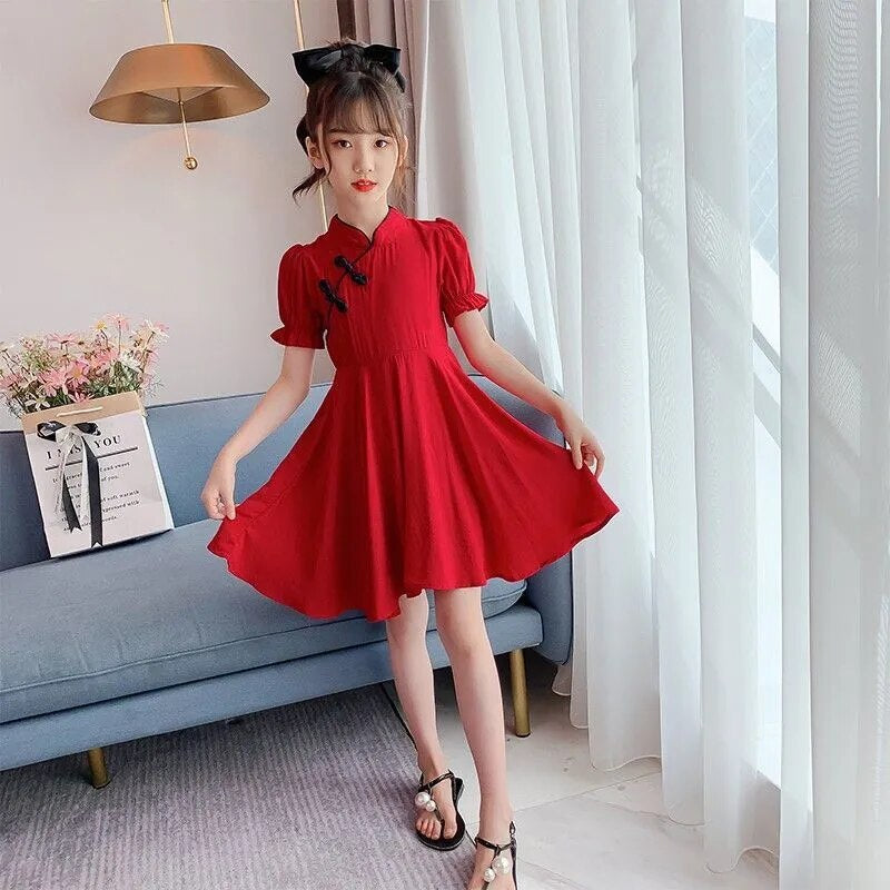 Chinese Cheongsam Dress for Girls Kids Short Sleeve Hanfu Tang Suit Christmas Chinese New Year Outfit