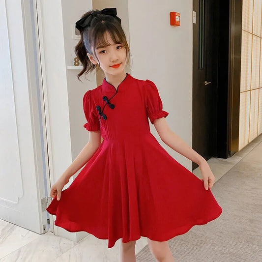 Chinese Cheongsam Dress for Girls Kids Short Sleeve Hanfu Tang Suit Christmas Chinese New Year Outfit