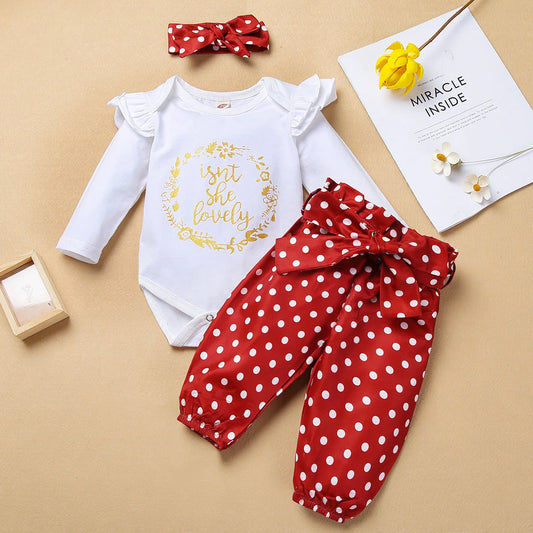 0 18M Baby Girl Clothes Newborn Girls Letter Print Romper Bodysuit+Dot Pants+Headband Outfits Clothing Toddler Outfits|Clothing Sets|