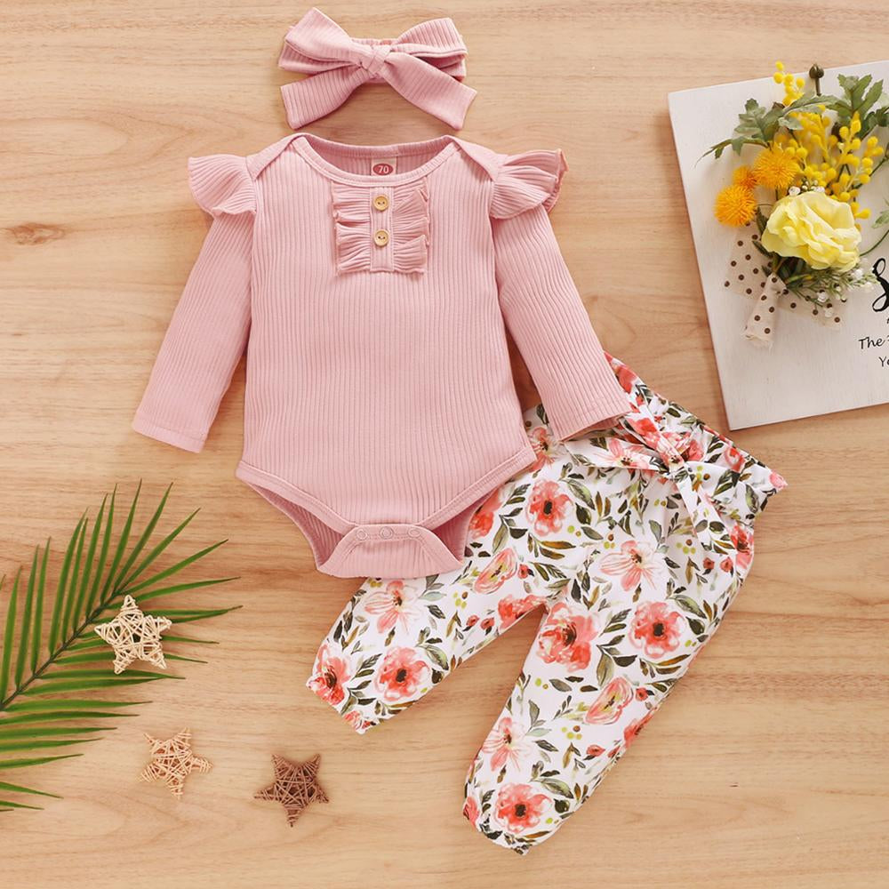 Toddler Baby Girls Clothes Set 3Pcs Long Sleeve Ruffles Romper Bodysuit+Floral Pants Outfits Newborn Clothing Kids Outfits|Clothing Sets|