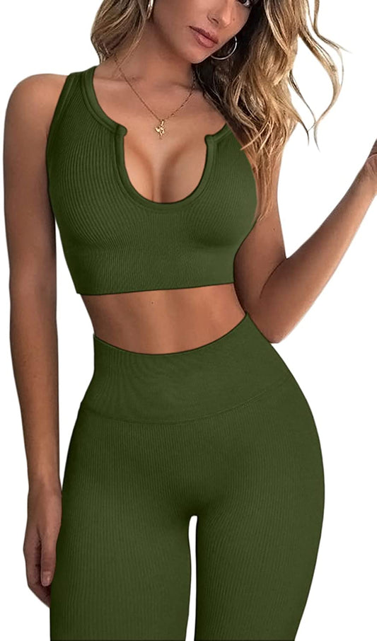 Workout Outfits for Women 2 Piece Ribbed Seamless Crop Tank High Waist Yoga Leggings Sets